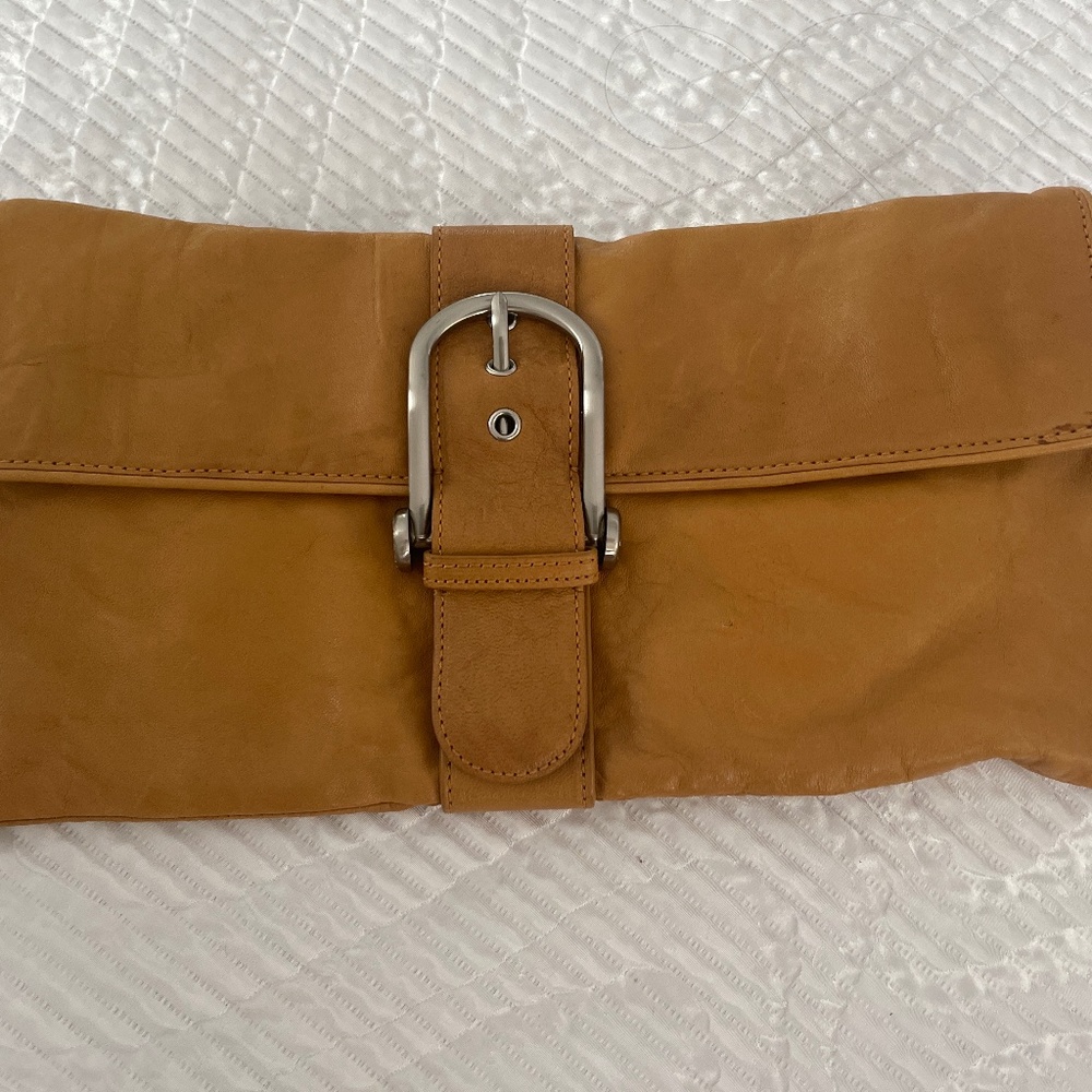 BCBGmaxaria tan leather envelope clutch